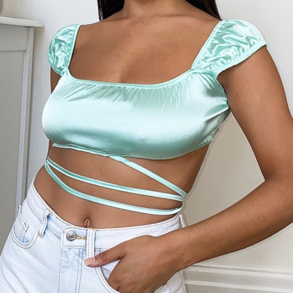Mint Satin Bardot Crop Top